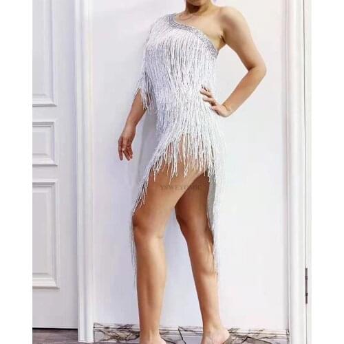 Sexy White Tassel Single Shoulder Dress Evening Party Rhinestones Fringes Latin Dance Dress Birthday Celebrate White Long Dress