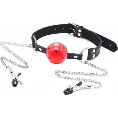 Sexy Toys PU Leather Mouth Gag Ball Oral Sex With Chain Nipple Clip Fetish Bondage Nipple Clamps Erotic Sex Adult Toy