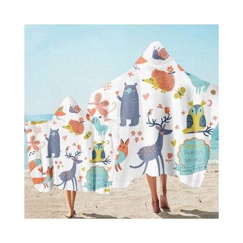 Cartoon Animal Print Microfiber Hooded Beach Poncho Towel Quick Drying Wearable Bath Towels With Cape For Parent-kids Bathrobe