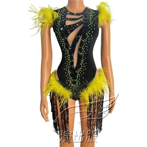 Yellow Feather Bodysuit Rhinestone Stage Costume Dj Ds Dancer Outfit For Women Singer Dress Pole Dance Clothing Women VDVDB3339