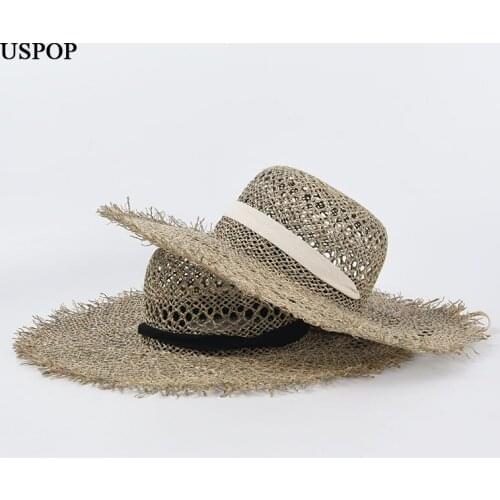 USPOP New Summer hats Women Sun Hat Hollow-out Breathable Wide Brim Straw Beach Hat lace-up Sunshade