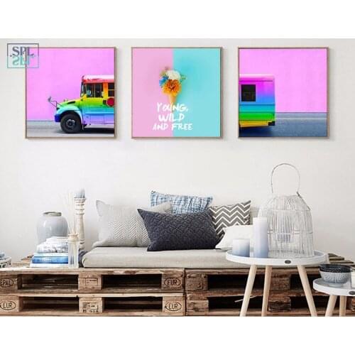 SPLSPL Rainbow Ice Cream Truck Decorative Painting Flower Scenery Canvas Art Print Wall Picture for Kitchen Room No Frame