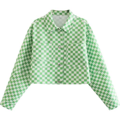 Green White Casual Check Jacket Short Za Woman 2021 Spring Autumn Fashion Long Sleeves Youth Fashion Stylish Streetwear Chic Y2k