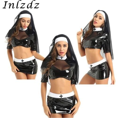 Womens Naughty Nun Carnival Cosplay Costume Mock Neck Crop Top with Mini Bodycon Skirts and Headpiece Halloween Roleplay Outfit
