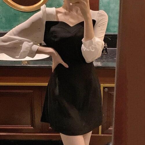 Puff Sleeve V Neck Patchwork Temperament Slim Thin A Line Evening Dresses for Women Vintage Bandage Mini Woman Dress Autumn 2021