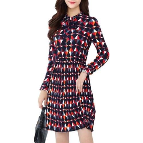 Women New Autumn Long sleeves Dress long diamond Print Chiffon Dresses Womens Korean Elastic waist Plus size Pleated Dresses 178