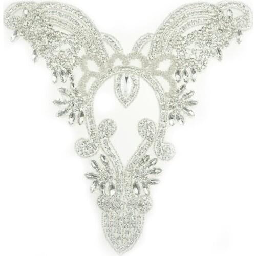100% Handmade 3D silver Rhinestone applique neckling and belt For Wedding patch WRA-910