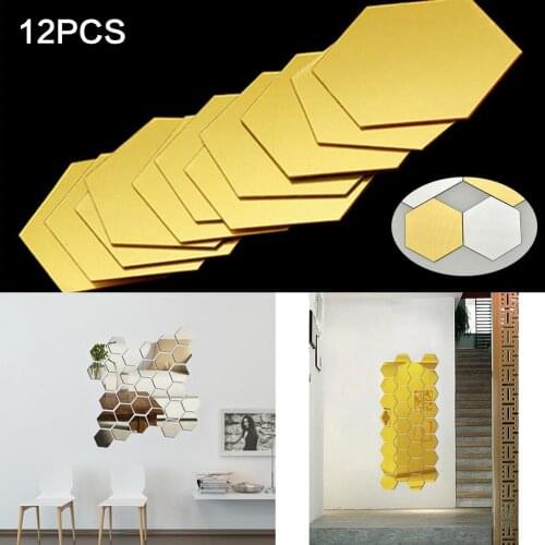 12Pcs Mirror Hexagon Removable Acrylic Wall Stickers Art DIY Home Decor Decals