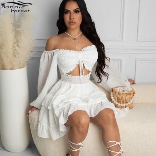 Bonnie Forest Elegant White Ruffles Chffion Party Dress Summer Sundresses Womens Sexy Off Shoulder Tied Pleated Vacation Dresses