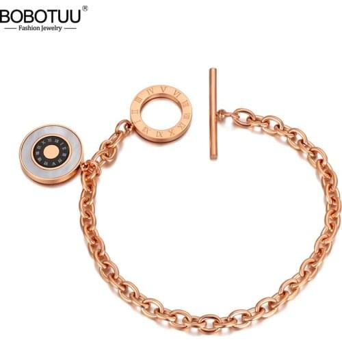 BOBOTUU Stainless Steel White Shell Circle Charm Bracelets For Women Girls Trendy Bohemia Roman Numerals Chain Bracelet BB20077