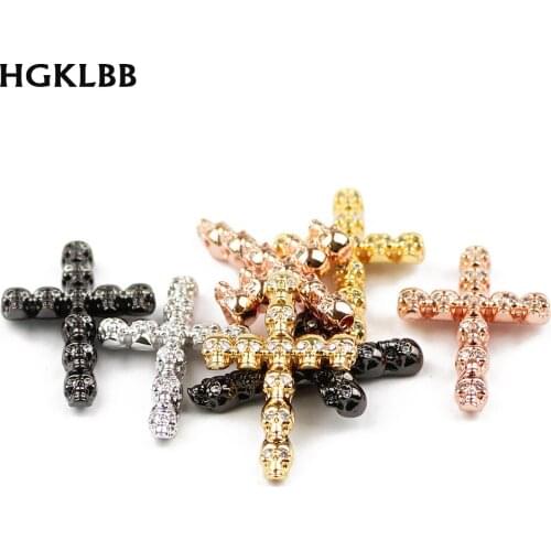 HGKLBB White zircon Skull Cross Pendant Copper Spacer beads 2pcs Pave CZ Metal Charms Loose beads Jewelry making bracele DIY