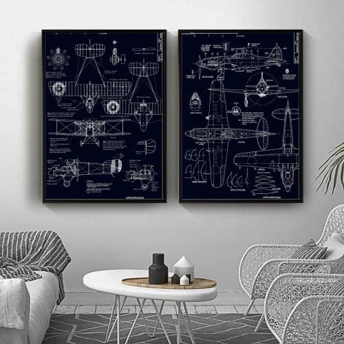 Black&White Line Canvas Art Picture Nordic Industrial Style Aircraft Manufacturing Drawing Wall Poster Painting Nursery Decor