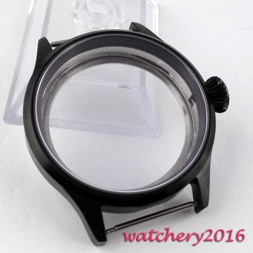 43mm black PVD Stainless steel Watch CASE Brushed Bezel Sapphire Glass fit 6498 6497 movement