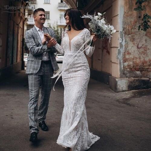 Champagne lining Lace Wedding Dresses Mermaid Long sleeve Backless Bridal Gowns Robe de Marrige Fashion noivas DW256