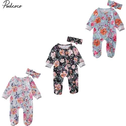 2020 Baby Spring Autumn Clothing Newborn Baby Girls Floral Footies Jumpsuit Headband Outfits Set Long Sleeve Clothes
