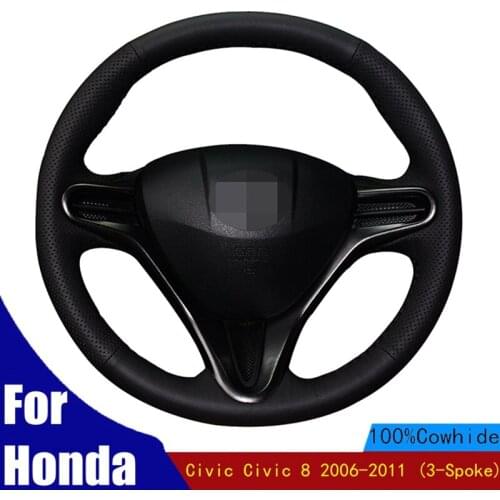 DIY Car Steering Wheel Cover Soft Wear-resistant Black Genuine Leather For Honda Civic Civic 8 2006-2011 (3-Spoke)
