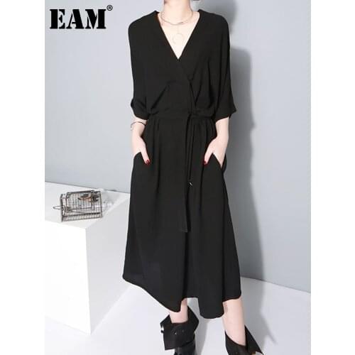 [EAM] 2021 New Spring Summer V-collar Half Sleeve Bandgae Loose Temperament Loose Big Size Chiffon Dress Women Fashion JF733