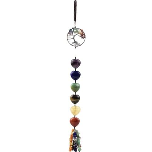 Fengshuisale Fashion 7 Chakra Stones Car Hanging Natural Crystal Heart Window Hanging Decoration Feng Shui Tree of Life Good Luc