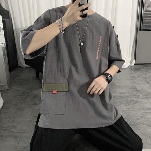 Linen Mens T Shirt Summer Short Sleeve O Neck Japanese Style Retro Vintage High Street Harajuku Loose Oversized Male Clothing