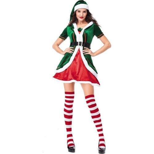 Hot New Christmas Costume Green Women Christmas Elf Suit Santa Claus Cosplay Costume 3PCS SET Carnival Dress Halloween Costume