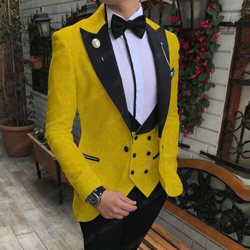 ANNIEBRITNEY Yellow Jacquard Suits for Men Custom Fashion Mens Wedding Suits Slim fit Jacekts Groom Tuxedo Blazer Vest Pants Set