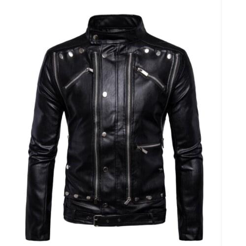 Stand collar motorcycle leather jacket men Punk rock multi-button zipper mens leather jackets short coats biker black fashion
