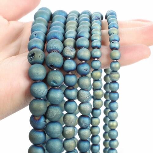LF Natural Stone Beads Blue Metallic Titanium Coated Natural Druzy Quartz Agat Round Loose Beads For Jewelry Making 6-12mm