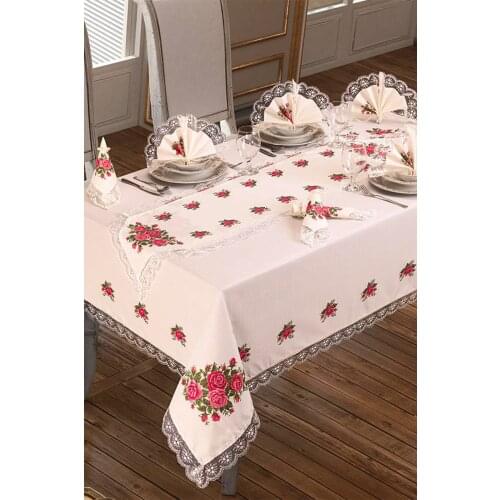 Cross stitch Printed Laced Four Rose Table Cover Set 18 Piece Pink