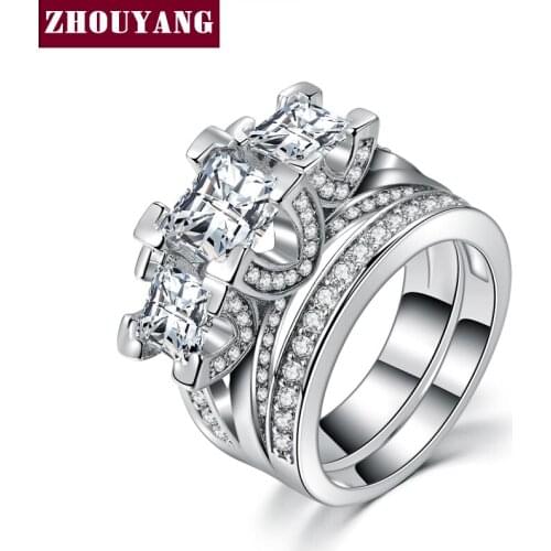 Silver Color Luxury 2 Rounds 3 Square Cubic Zirconia Bijoux Fashion Wedding Ring Set Jewelry For Women Love Gift ZYR511