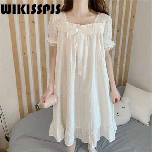 2021 Summer New Retro Square Collar Palace Style Lace Princess Cotton Short Sleeve Nightdress Home Clothes Girl Suit Sleep Tops