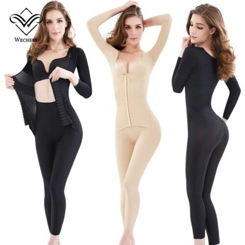 Wechery New Body Shaper Womens Slimming Full Length Bodysuit Long Sleeve Faja Female Shapewear Plus Size Underwear for Women