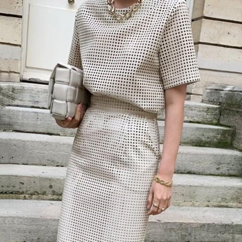 Solid Retro O Neck Mesh Hollow Out Leather Short Sleeve Top + High Waist Buttock Skirt Suit X417