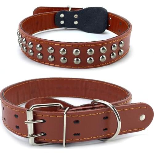 Rivets Cowhide Dog Collar Dog Necklace Medium And Large Dogs Traction Rope Adjustable Puppy Leash Dog Harness Pet Supplies S,M,L