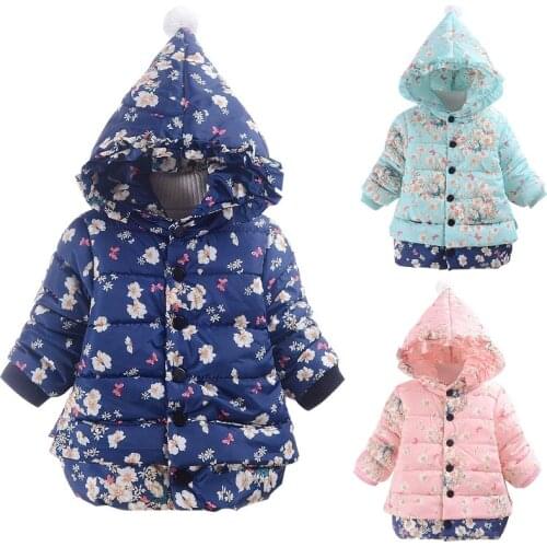 Hooded Girls Coats Fleece Winter Children Clothes Hoodies Baby Girl Outfits Floral Outwear Kids Overcoat 2 3 4 Year Down Jacket