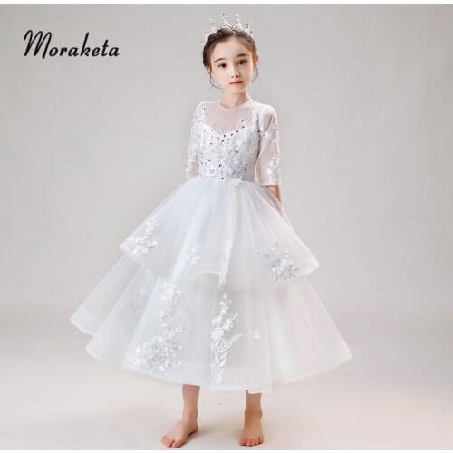 First Holy Communion Dresses 2020 Elegant O-neck Appliques Princess Tiered Tulle White Long Flower Girl Dresses For Wedding