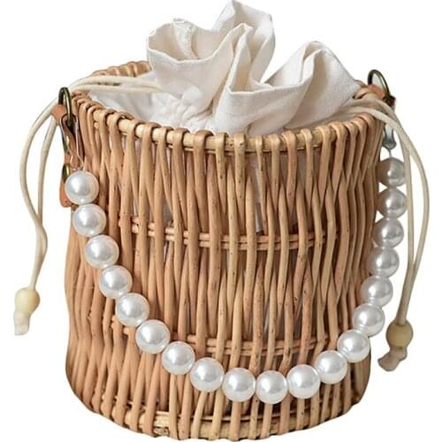 Wicker Pearl Mini Handbag, Stylish Weave Bucket Tote Bags for Beach Travel Party or Daily Leisure