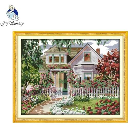 Joy Sunday Scenery style Garden Villa cross stitch alphabet designs stamped or counted needle work kits stitch kits online