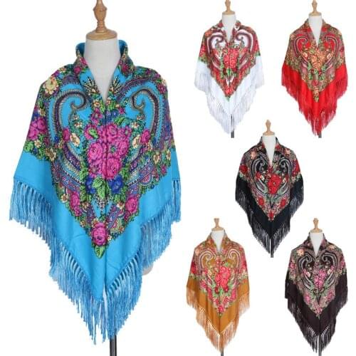 135*135cm Russian Big Square Scarf For Women Large Print Head Scarves National Style long Tassel Russian Cotton Blanket Shawl