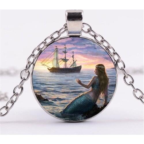 Mermaid Animal Photo Cabochon Glass Chain Necklace,Charm Creative Women Pendants Fashion Jewelry Accessory,Friend Gifts