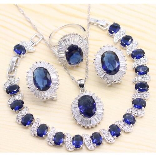 Sliver Costume Jewelry Sets For Women Bracelets Necklace Pendant Stud Earrings Rings Wedding Set With Blue Stones