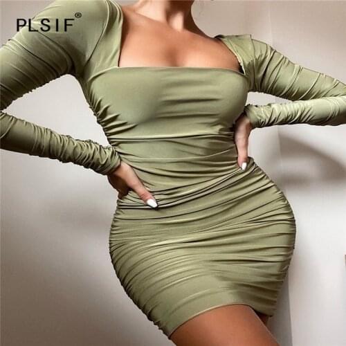 Light Green U Neck Long Sleeve Skinny Mini Dress Sexy Tight Club Party Lady Fashion Women Sheath Dress