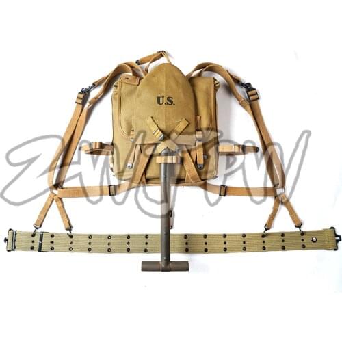 WW2 US ARMY USMC M1941 PACK COMBINATION US ARMY BELT UA X-STRAPS WITH T-SPADE AND SPADE COVER