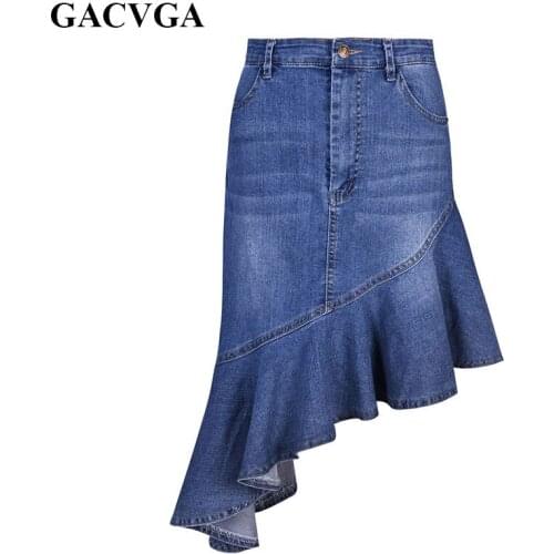 GACVGA High Waist Denim Skirt With Pockets A-line Mini Skirts Women 2019 Summer Blue Jean Skirt Style Saia Jeans