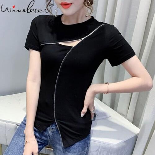 Summer European Clothes Cotton Pullover T-Shirt Sexy Fashion Hollow Out Zipper Women Tops Short Sleeve All Match Tees T14806A