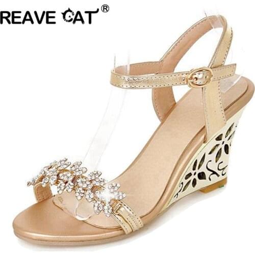 REAVE CAT New arrival Glittering Fashion Fretwork Heels Wedges sandals Rhinestone Silver Gold Summer sandals Sexy Sale QL4277