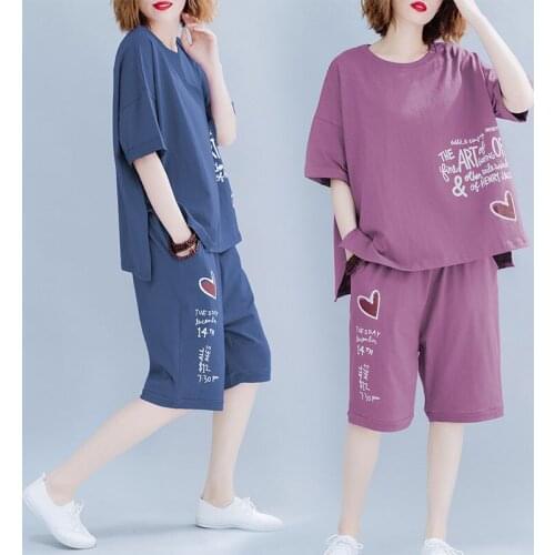 2020 Summer Womens Suits Oversized /200g Women Sets Short Sleeve Love Print T-shirt & Casual Shorts 2 pcs Sets Fashion Clothing