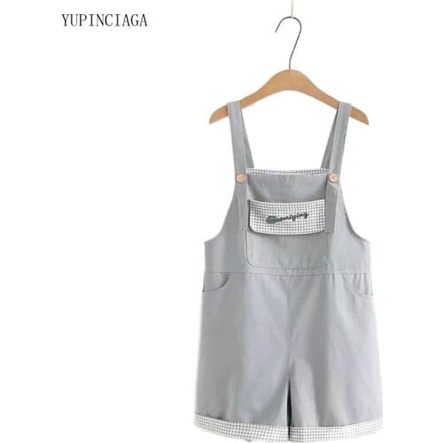 Japan Style Summer 2021 Jumpsuit With Large Pockets And Plaid Stitching Womens Suspenders Wide-Leg Pants 2117155