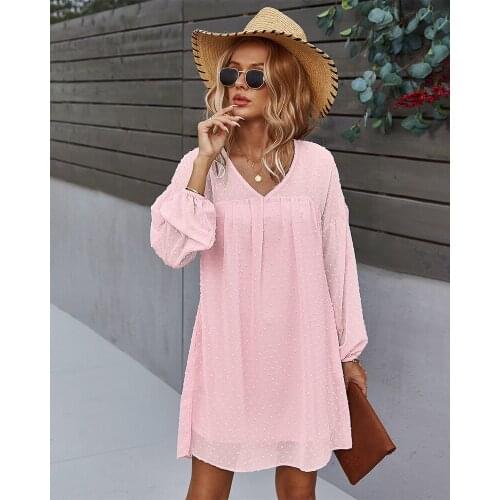 Dress Women Robe Femme Spring Autumn Solid Color A-Line Dresses V-Neck Long Sleeve Loose Dress For Womens Clothing 2021 Vestido