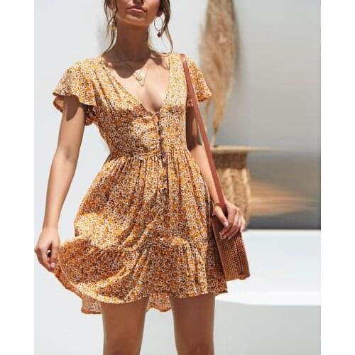 Sexy Deep V Neck Print Beach Chiffon Dress Women Summer Long Sleeve Mini Bud Dress Sundress Holiday Party Dress Vestidos 2021