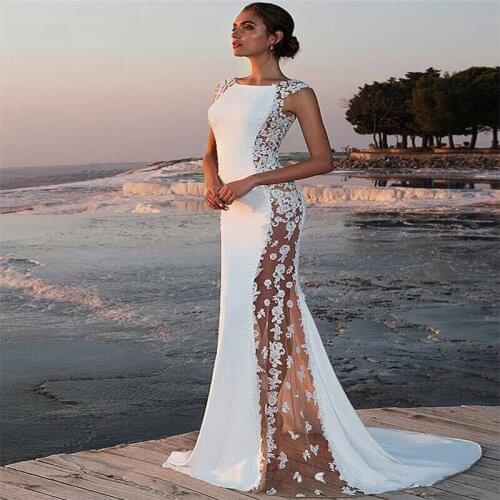 Women Formal Lace Sleeveless Sexy Long Evening Party Ball Gown Bodycon Trumpet Elegant Formal Dress White